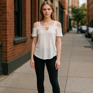 Be you Tiful Spaghetti Strap Off Shoulder Short Sleeve White Top‎